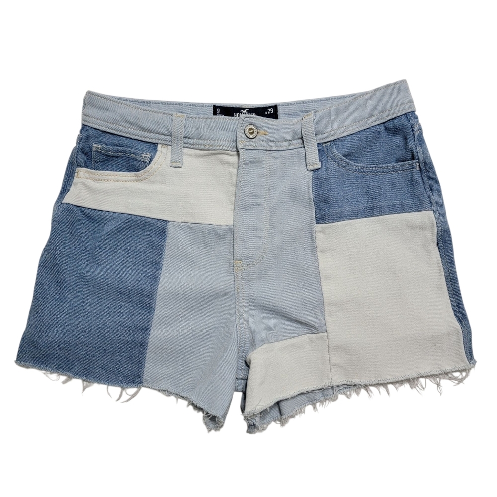 Patchwork Two-Tone Denim Shorts - Light Blue & Cream - Picture 1 of 8